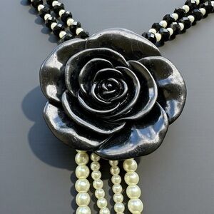 Vintage Faux Pearl & Black Crystal Statement Necklace with Large Floral Motif